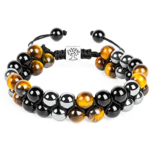 ONE: Premium 8MM Handmade Beaded Bracelet Tiger Eye Bracelet Black Obsidian Hematite Natural Crystal Jewelry Stone Bracelets Gifts for Men and Women