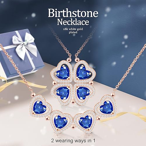 ONE: Lucky Four Leaf Rose Gold September - Safire Blue Clover Pendant Necklaces for Women & Girls