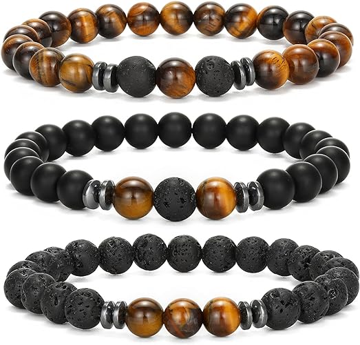 THREE: 3 HANDMADE Bracelets Matte Natural Lava Rock Volcanic Stone Beads Elastic Stretch Tiger Eye