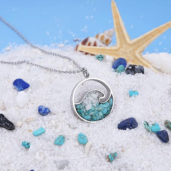 ONE: Wave Turquoise +White Howlite Stainless Steel Pendant Necklaces