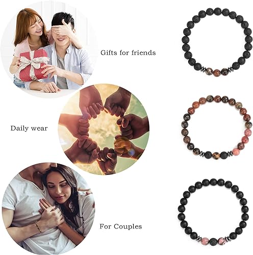 THREE: 3 HANDMADE Bracelets Matte Natural Lava Rock Volcanic Stone Beads Elastic Stretch Rhodonite