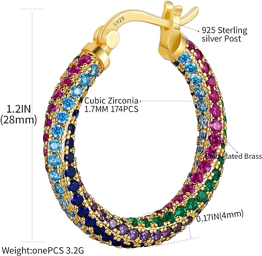 ONE: 925 Sterling Silver Post Hoop Rainbow Earrings 14K Gold Plated Jewelry