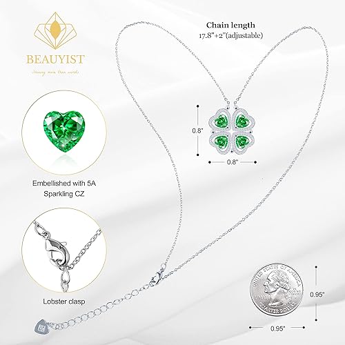 ONE: Lucky Four Leaf White Gold May Emerald Green Clover Pendant Necklaces for Women & Girls