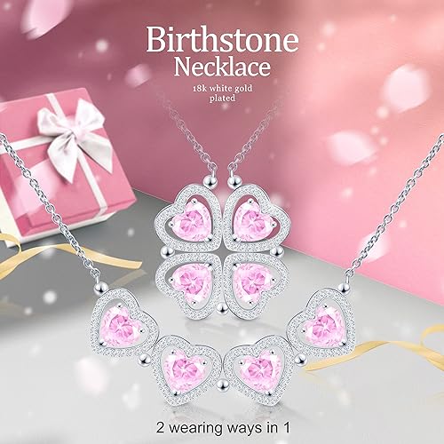 ONE: Lucky Four Leaf White Gold October Tourmaline Clover Pendant Necklaces for Women & Girls