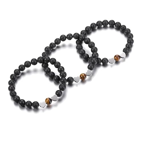ONE: Premium Handmade Bracelets 2pcs 8mm Black Obsidian & Lava Rock Stones Crystal Bracelets for Couples Handmade Natural Round Gemstone Beaded Healing Crystal Bracelet with Heart Charm for Women Men
