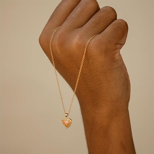 ONE: Handmade Healing Crystal Pendant Necklace, 14K Gold Plated Natural Energy Stone Sunstone-Heart