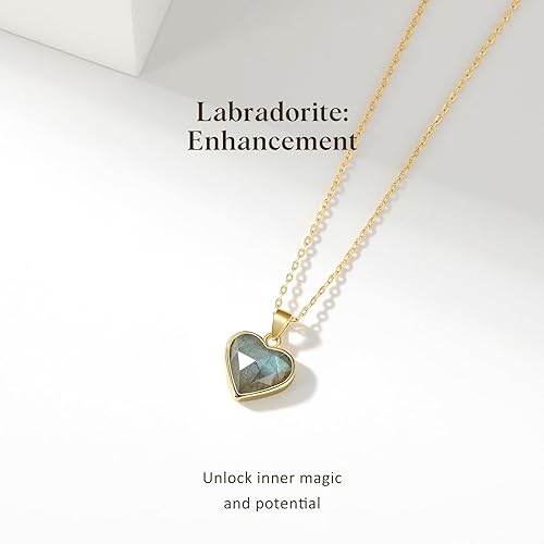 ONE: Handmade Healing Crystal Pendant Necklace, 14K Gold Plated Natural Energy Stone Labradorite-Heart