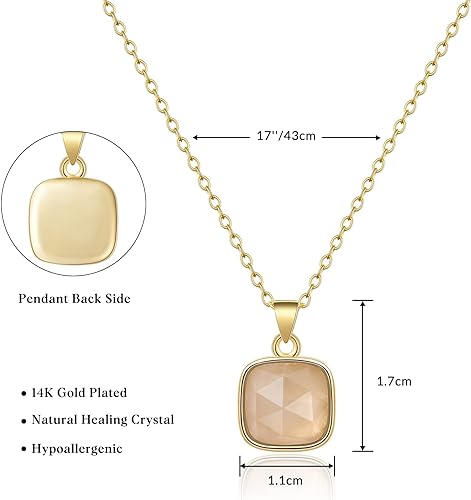 ONE: Handmade Healing Crystal Pendant Necklace, 14K Gold Plated Natural Energy Stone Rose Quartz-Square
