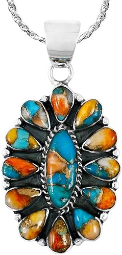 ONE :💎Color: Handmade Genuine Natural MULTI SPINY Turquoise Pendant 20" Necklace 925 Sterling Silver (Solid)