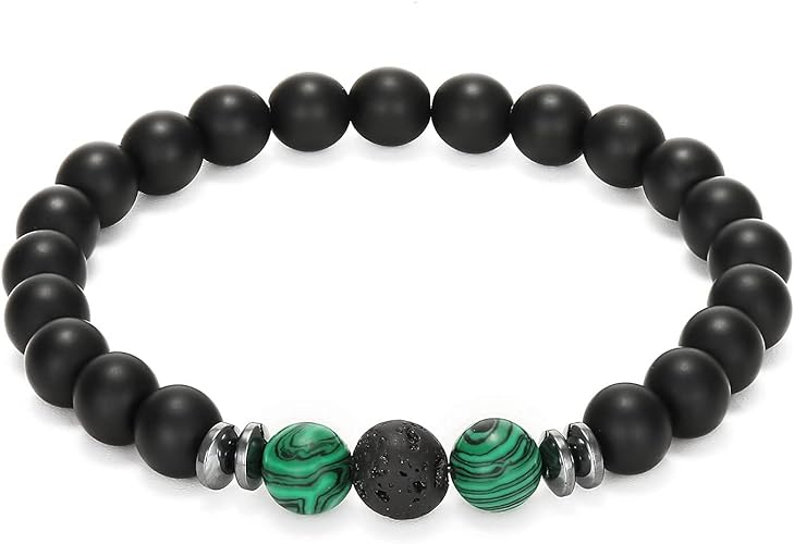 THREE: 3 HANDMADE Bracelets Matte Natural Lava Rock Volcanic Stone Beads Elastic Stretch Malachite