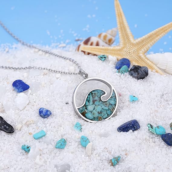 ONE: Wave Turquoise +White Howlite Stainless Steel Pendant Necklaces