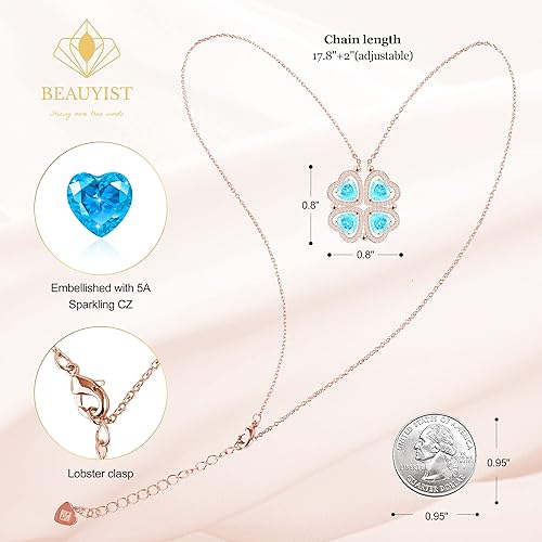 ONE: Lucky Four Leaf Rose Gold Aquamarine Clover Pendant Necklaces for Women & Girls 925
