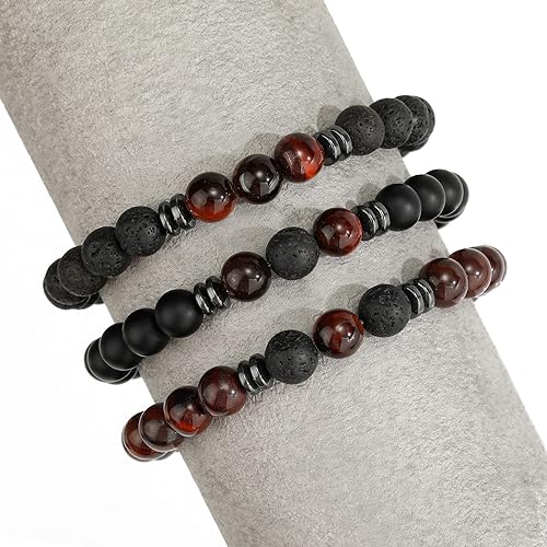 THREE: 3 HANDMADE Bracelets Matte Natural Lava Rock Volcanic Stone Beads Elastic Stretch Tiger RED