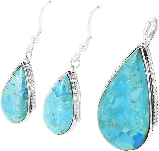 ONE :💎Sterling Silver (Solid) 925 Turquoise Necklace Pendant & Earrings Set Genuine Turquoise 20" Necklace