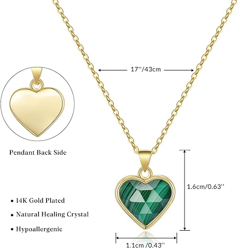 ONE: Handmade Healing Crystal Pendant Necklace, 14K Gold Plated Natural Energy Stone Malachite-Heart