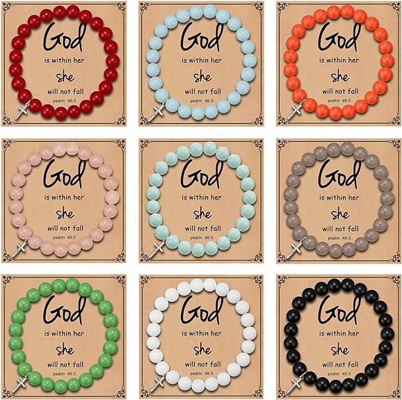 ONE: Premium Handmade 9pcs Cross Bracelets for Women and Men - 8mm Natural Crystal Healing Bracelets Semi-Precious Gemstones Beads Stretch Bracelets Religious Gift for Christians with Prayers Card