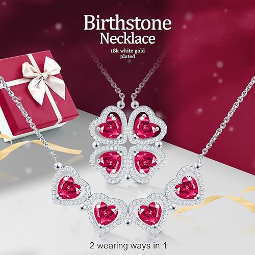 ONE: Lucky Four Leaf White Gold July Ruby Red Clover Pendant Necklaces for Women & Girls
