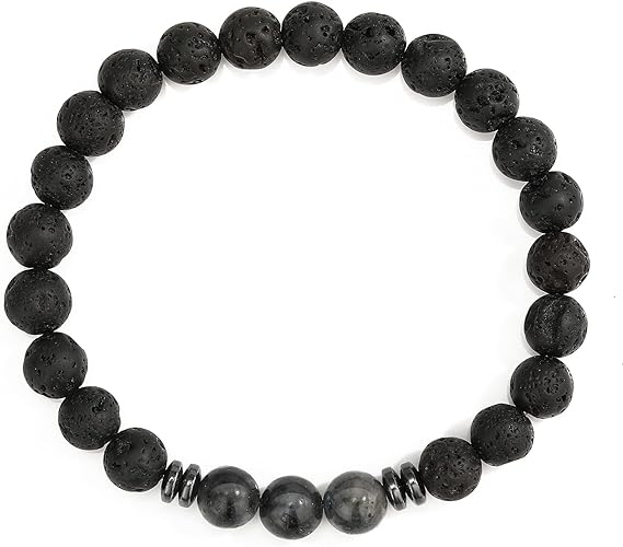 THREE: 3 HANDMADE Bracelets Matte Natural Lava Rock Volcanic Stone Beads Elastic Stretch Labradorite