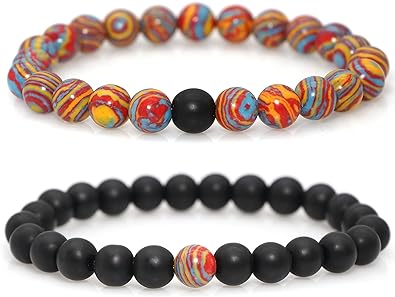 TWO: HANDMADE Natural Stones Beaded Bracelets Elastic Stretch