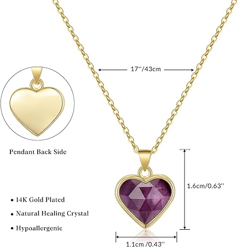 ONE: Handmade Healing Crystal Pendant Necklace, 14K Gold Plated Natural Energy Stone Amethyst-Heart