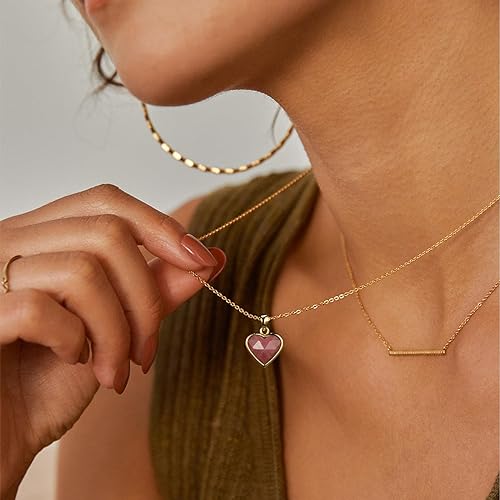 ONE: Handmade Healing Crystal Pendant Necklace, 14K Gold Plated Natural Energy Stone Rhodochrosite-Heart