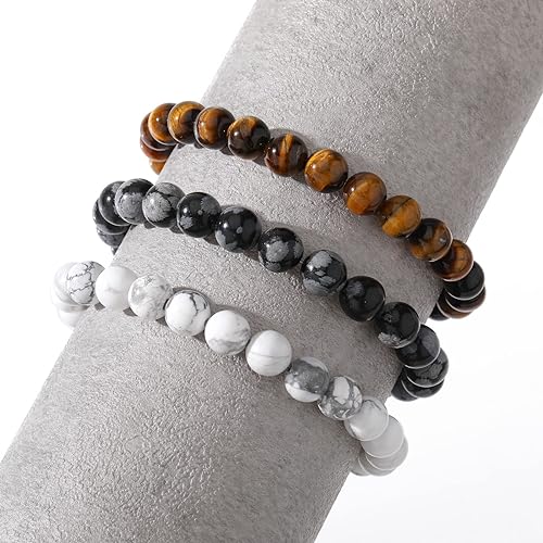 THREE: 3 HANDMADE Bracelets Matte Natural Lava Rock Volcanic Stone Beads Elastic Stretch Tiger Eye