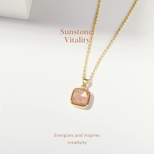 ONE: Handmade Healing Crystal Pendant Necklace, 14K Gold Plated Natural Energy Stone Sunstone-Square