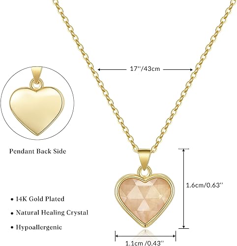 ONE: Handmade Healing Crystal Pendant Necklace, 14K Gold Plated Natural Energy Stone Rose Quartz-Heart