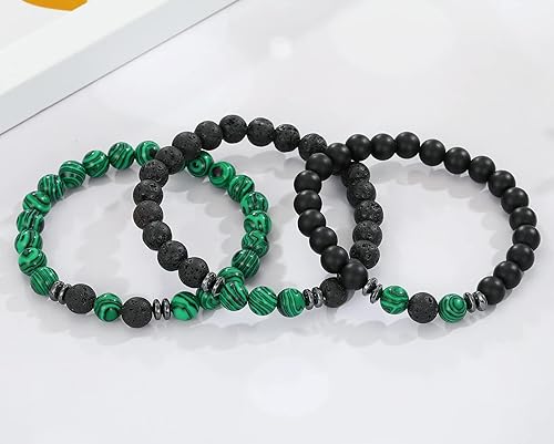 THREE: 3 HANDMADE Bracelets Matte Natural Lava Rock Volcanic Stone Beads Elastic Stretch Malachite