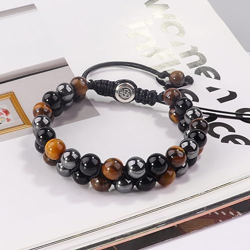 ONE: Premium Triple Protection Bracelet, 8mm Bead Bracelet Handmade with Tiger Eye Black Obsidian and Magnetic Hematite, Natural Healing Crystals Bracelet for Protection and Balance, Bring Luck And Prosperity