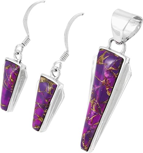 ONE :💎Sterling Silver (Solid) 925 Matching Pendant & Earrings Set (with 20" Sterling Rope Chain) Genuine Color: Purple Turquoise