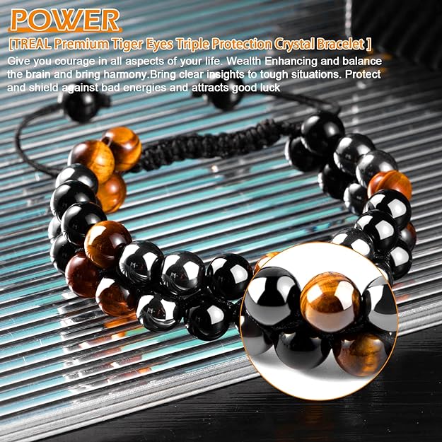 ONE: Premium 8MM Handmade Beaded Bracelet Tiger Eye Bracelet Black Obsidian Hematite Natural Crystal Jewelry Stone Bracelets Gifts for Men and Women