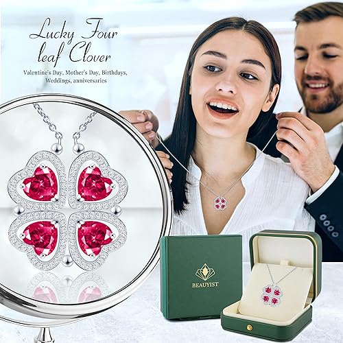ONE: Lucky Four Leaf White Gold July Ruby Red Clover Pendant Necklaces for Women & Girls
