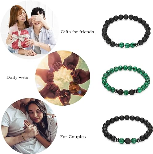 THREE: 3 HANDMADE Bracelets Matte Natural Lava Rock Volcanic Stone Beads Elastic Stretch Malachite