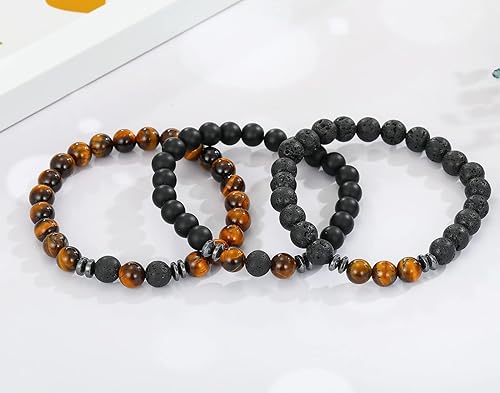 THREE: 3 HANDMADE Bracelets Matte Natural Lava Rock Volcanic Stone Beads Elastic Stretch Tiger Eye