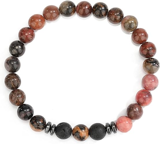 THREE: 3 HANDMADE Bracelets Matte Natural Lava Rock Volcanic Stone Beads Elastic Stretch Rhodonite