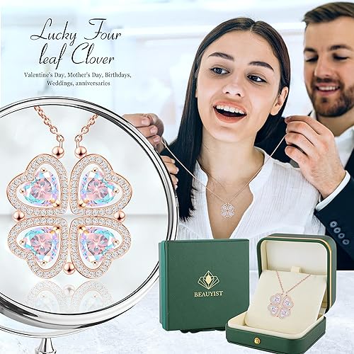 ONE: Lucky Four Leaf Rose Gold Daily Rainbow Clover Pendant Necklaces for Women & Girls