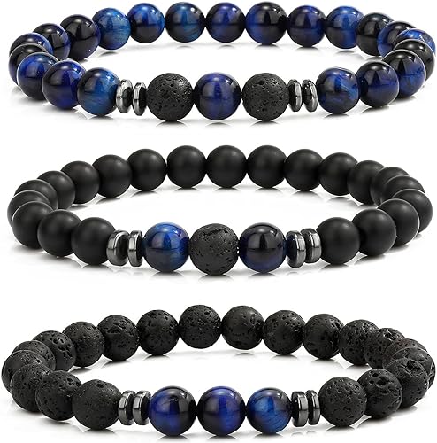 THREE: 3 HANDMADE Bracelets Matte Natural Lava Rock Volcanic Stone Beads Elastic Stretch Tiger Blue