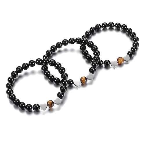 ONE: Premium Handmade Bracelets 2pcs 8mm Black Obsidian & Lava Rock Stones Crystal Bracelets for Couples Handmade Natural Round Gemstone Beaded Healing Crystal Bracelet with Heart Charm for Women Men