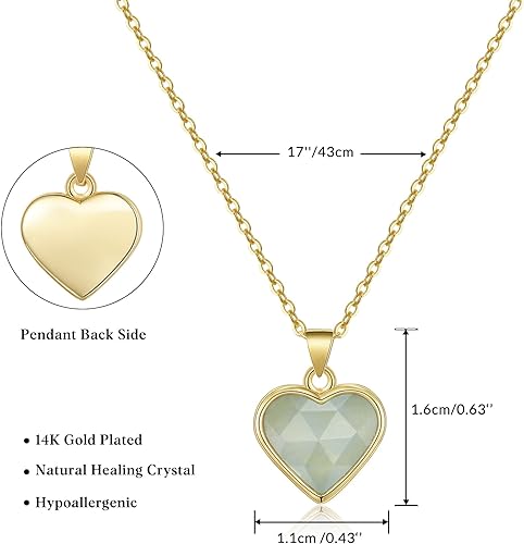 ONE: Handmade Healing Crystal Pendant Necklace, 14K Gold Plated Natural Energy Stone Aquamarine-Heart