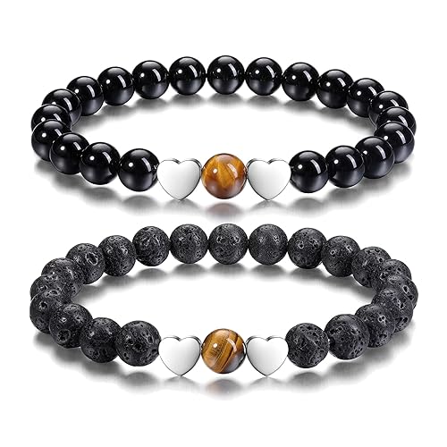 ONE: Premium Handmade Bracelets 2pcs 8mm Black Obsidian & Lava Rock Stones Crystal Bracelets for Couples Handmade Natural Round Gemstone Beaded Healing Crystal Bracelet with Heart Charm for Women Men