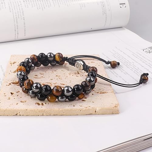 ONE: Premium Triple Protection Bracelet, 8mm Bead Bracelet Handmade with Tiger Eye Black Obsidian and Magnetic Hematite, Natural Healing Crystals Bracelet for Protection and Balance, Bring Luck And Prosperity