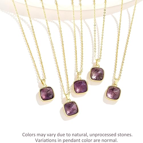 ONE: Handmade Healing Crystal Pendant Necklace, 14K Gold Plated Natural Energy Stone Amethyst-Square