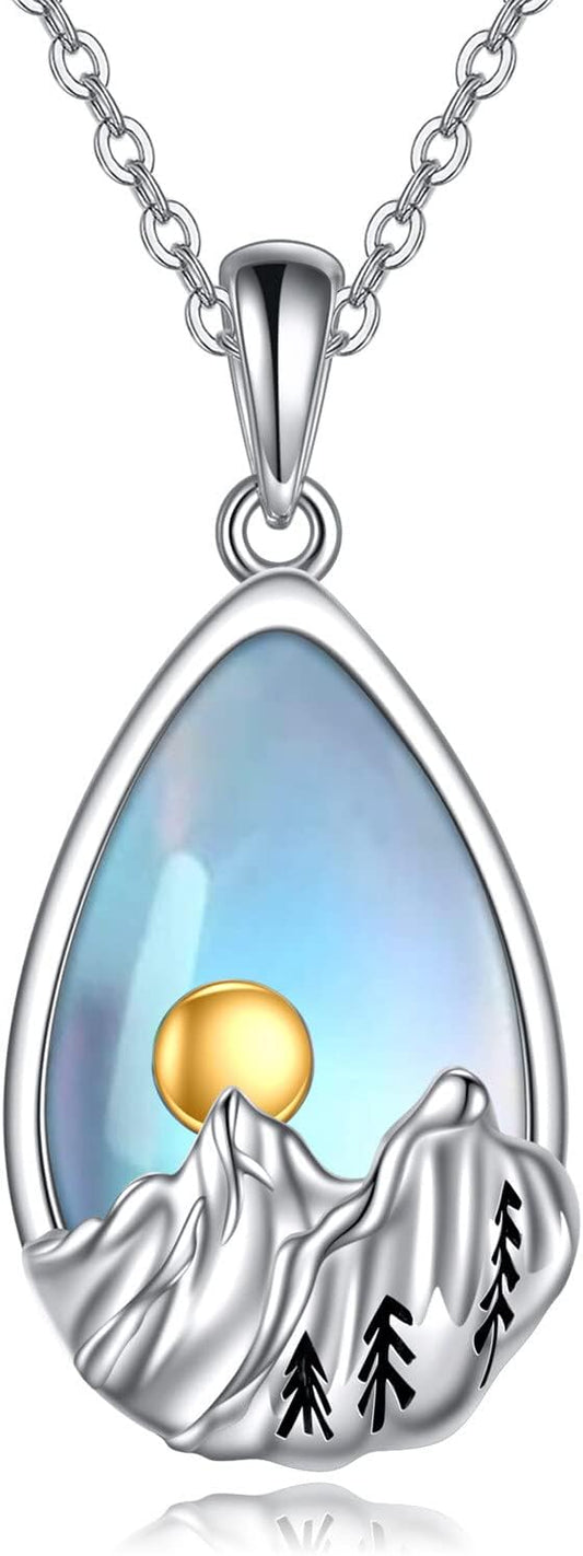 ONE: SILVER MOONSTONE Mountain Nature Pendant Necklace Genuine Sterling Silver 925