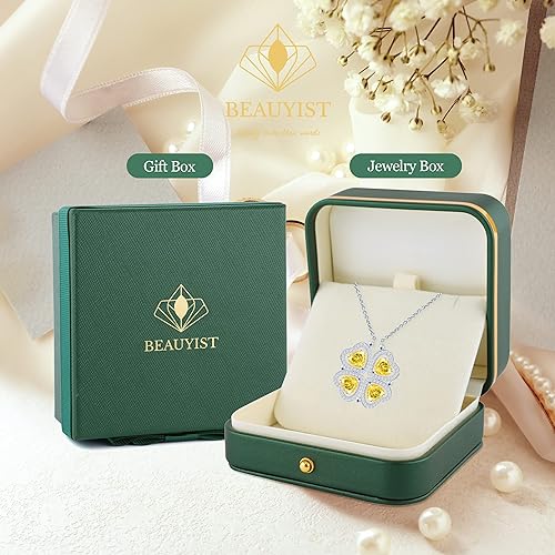 ONE: Lucky Four Leaf White Gold November Citrine Yellow Clover Pendant Necklaces for Women & Girls