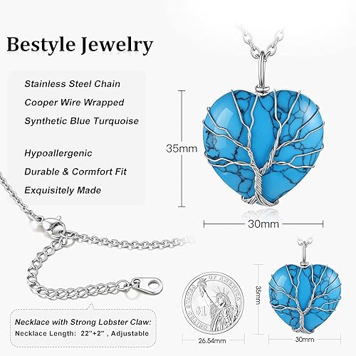 ONE: 💓December-Synthetic Blue Turquoise TREE Heart Crystal Necklace 925 Sterling Silver