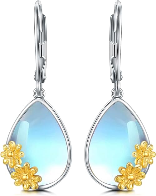 ONE:  Exquisite Daisy Color: MOONSTONE  Dangle Earrings 925 Sterling Silver