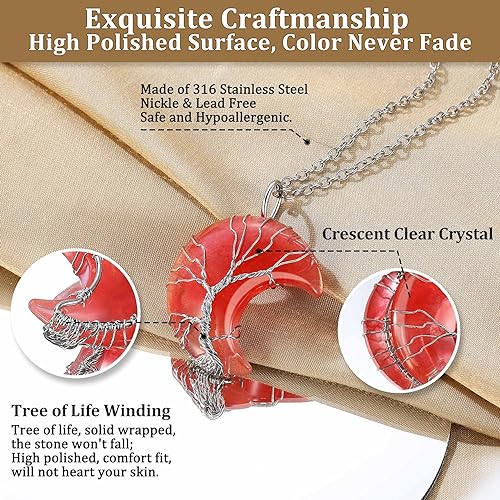 ONE: 💓July-Synthetic Cherry Quartz Crescent Moon Crystal Necklace 925 Sterling Silver