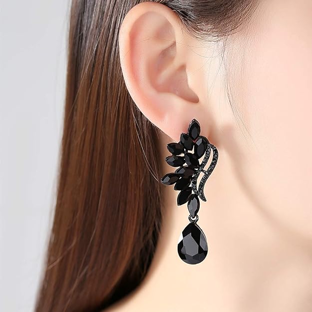 ONE PAIR: Vintage Floral Teardrop Butterfly Wing Black Austrian Crystal Drop Dangle Earrings for Women