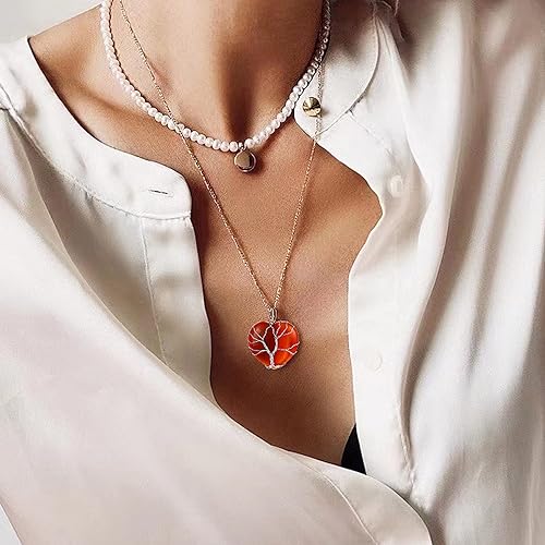 ONE: 💓January-Nature Red Agate Heart Crystal Necklace 925 Sterling Silver Necklace